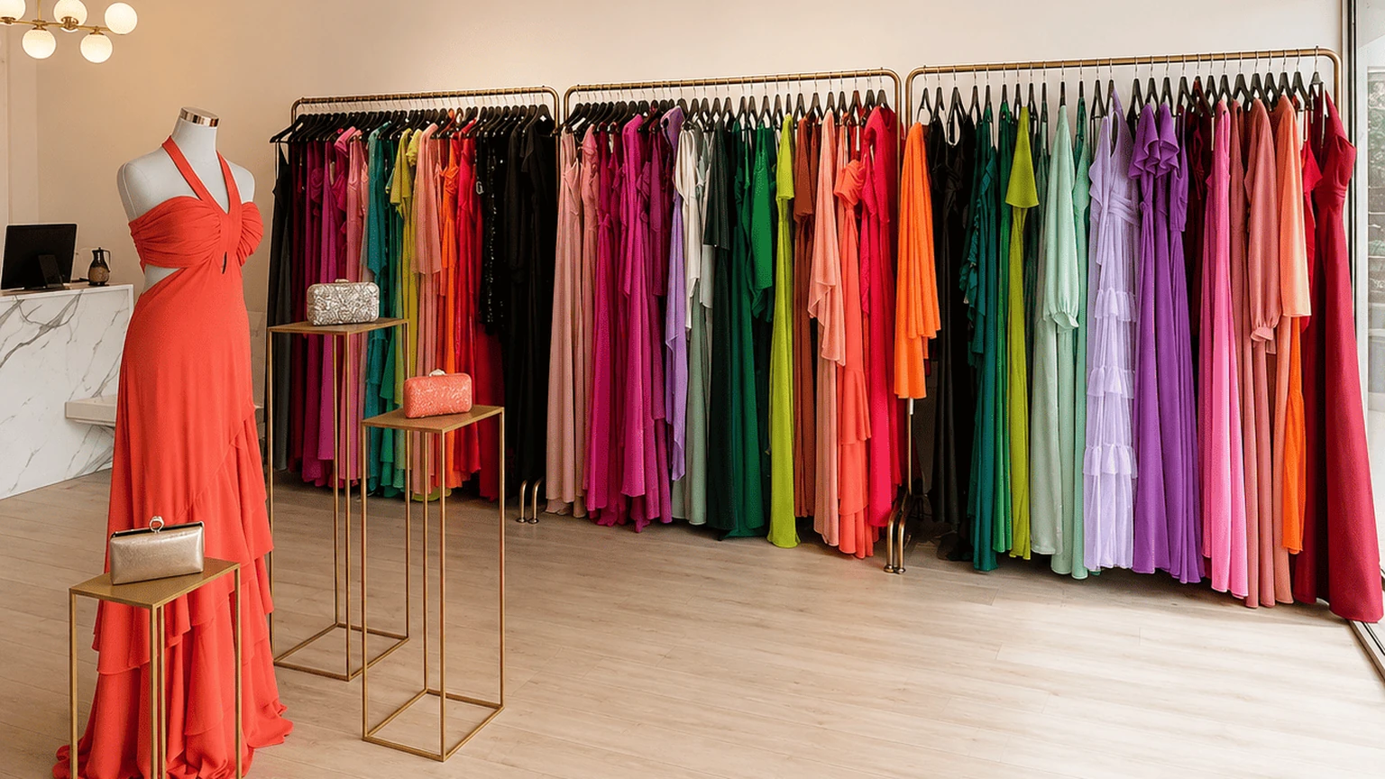Vestidos de fiesta en La Araucanía: interior de la tienda AMMO en Temuco con vestidos de colores