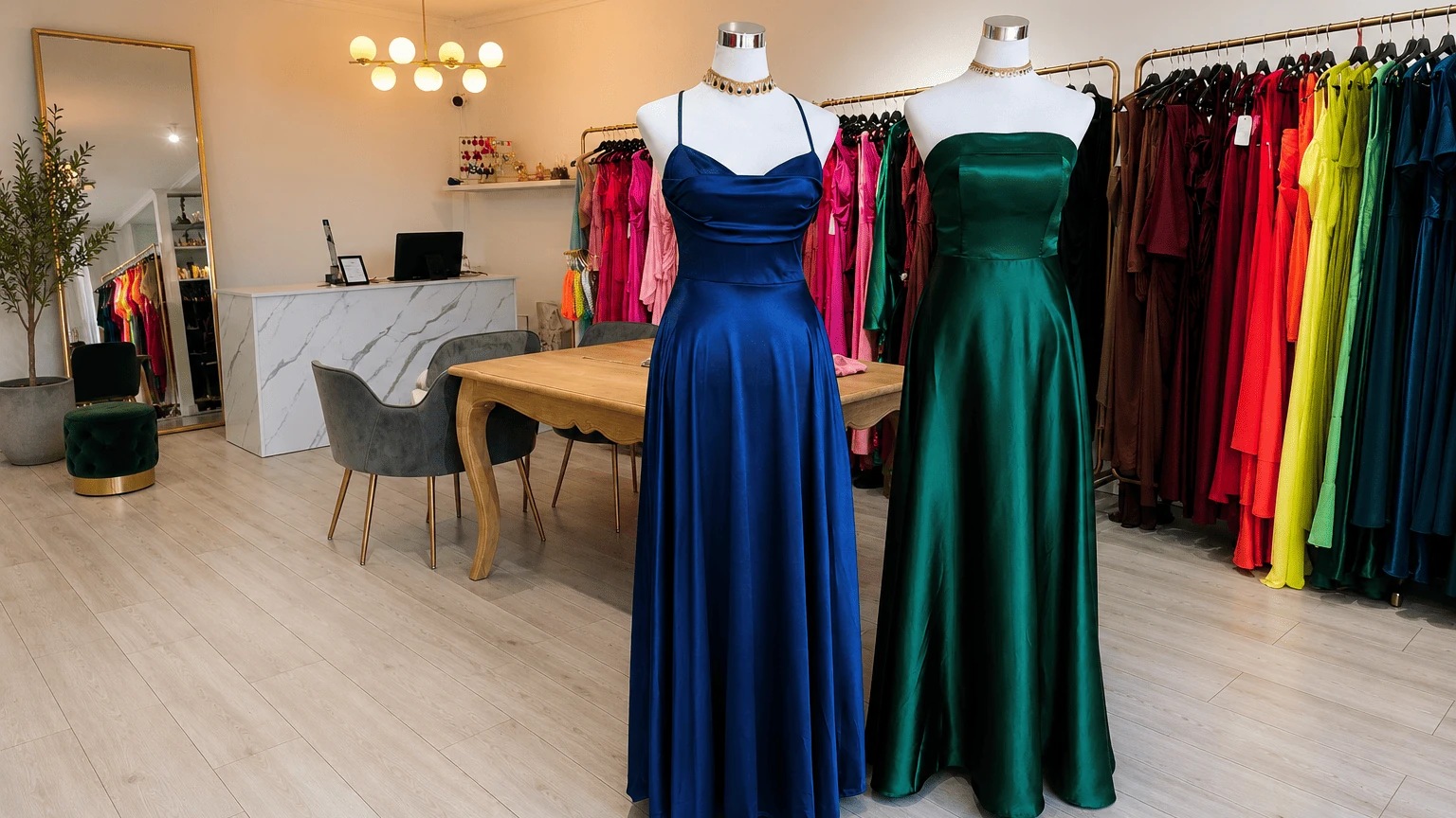 Vestidos de graduación en Temuco: vestidos largos azul y verde en la tienda AMMO