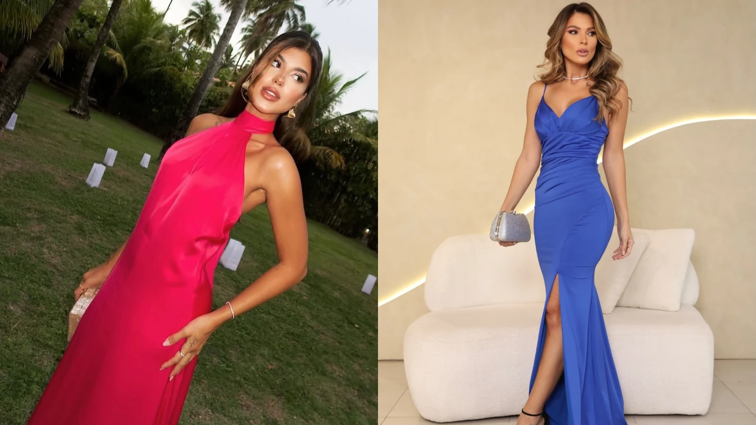 Qué vestido usar para un matrimonio: vestido fucsia satinado para matrimonio de día en jardín y azul rey para matrimonio de noche