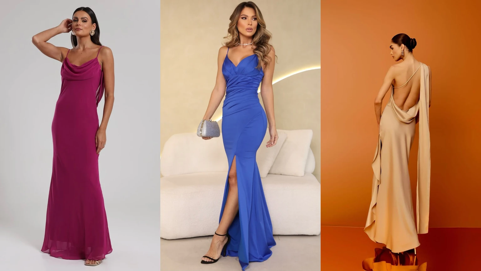 Guía de vestidos de fiesta AMMO Temuco: vestidos fucsia, azul y champagne
