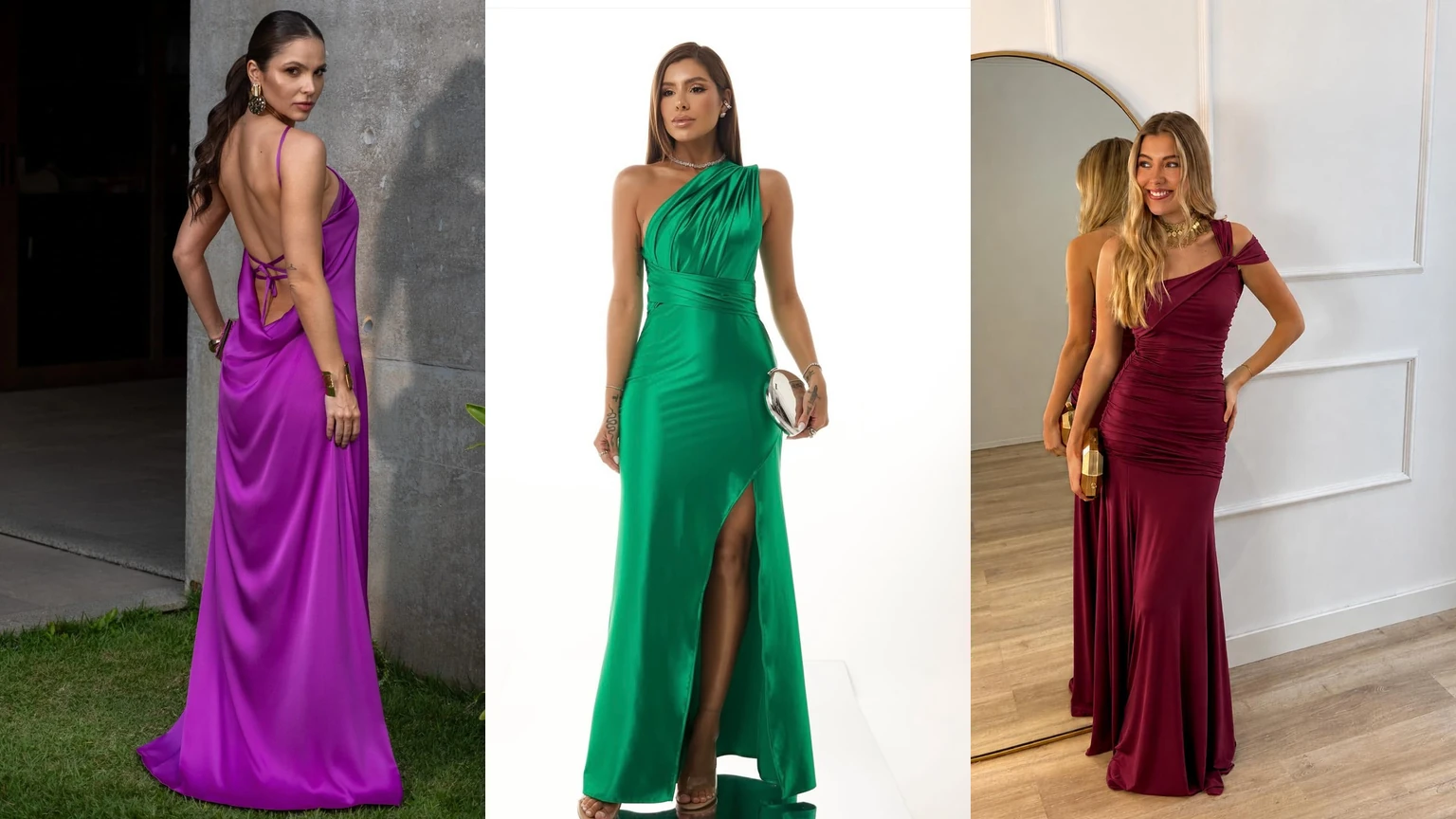 Looks de fiesta por evento: vestido morado satinado con espalda descubierta, vestido verde esmeralda y vestido burdeo de un hombro