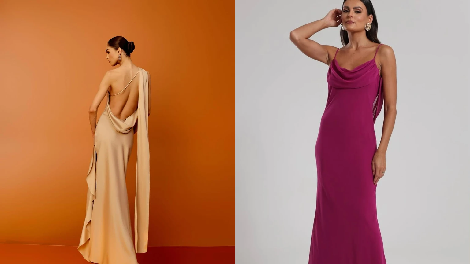 Vestido de madrina y madre de la novia: vestido champagne de un hombro y vestido fucsia largo